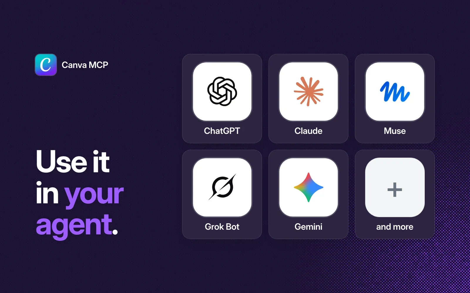 Use it in your agent: ChatGPT, Claude, Muse, Grok Bot, Gemini and more.