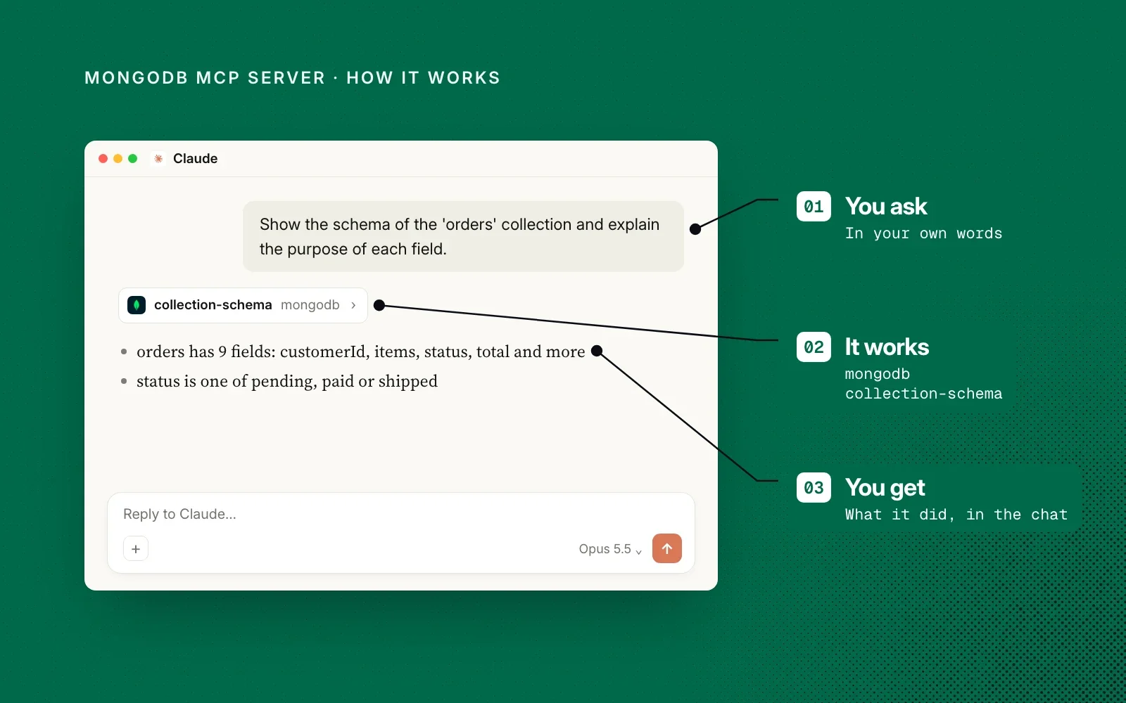 How it works, in an example: you ask in your own words, it calls its collection-schema tool, and you see what it found in the chat.