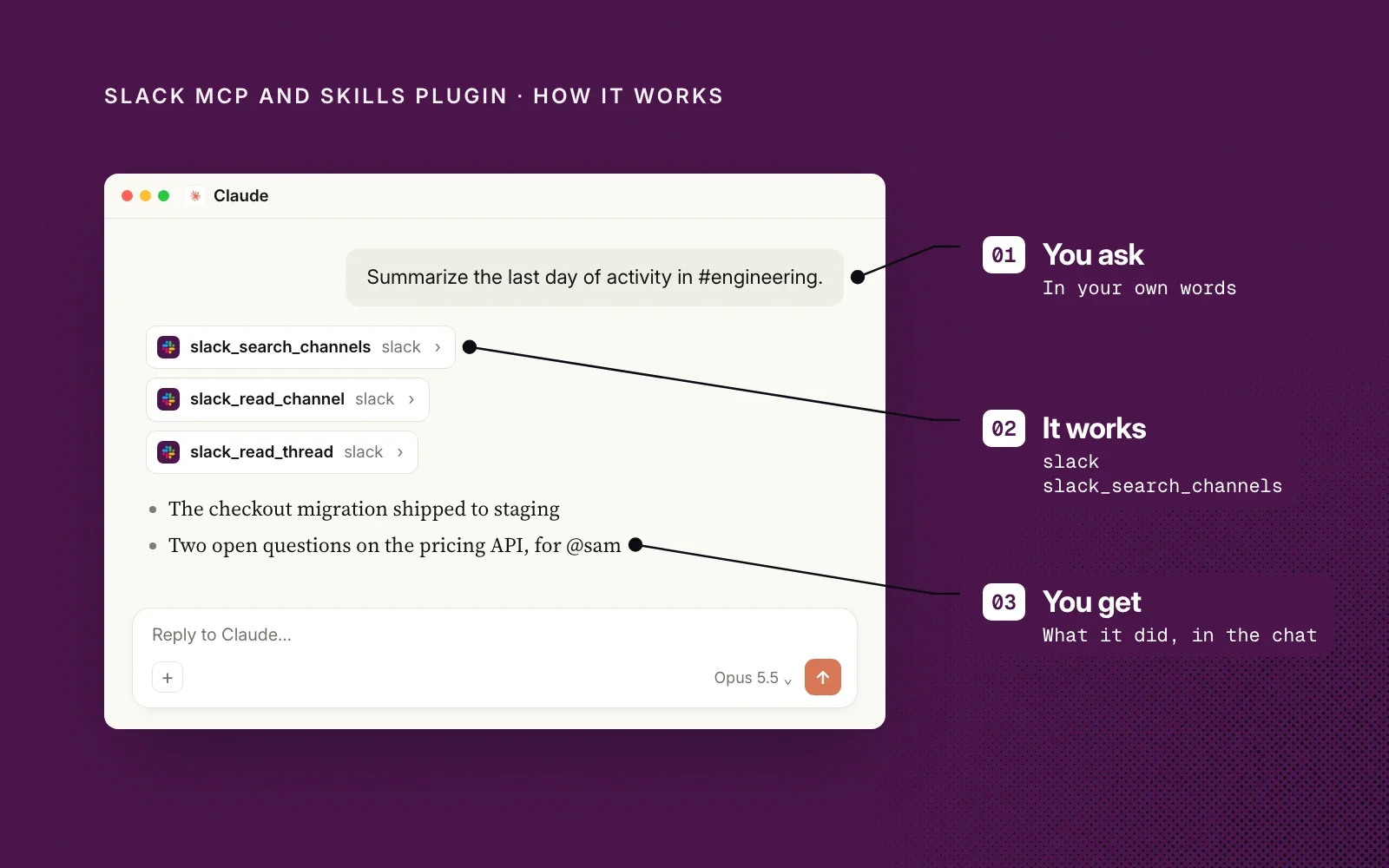 How it works: you ask in your own words, the agent calls Slack's MCP tools such as slack_search_channels, and you get what it did in the chat.