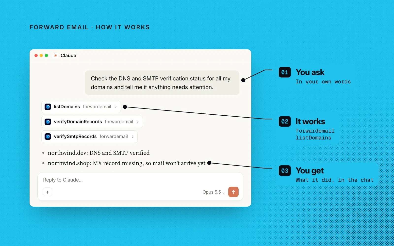 How it works, in an example: you ask in your own words, it calls its domain and verification tools, and you see what it found in the chat.