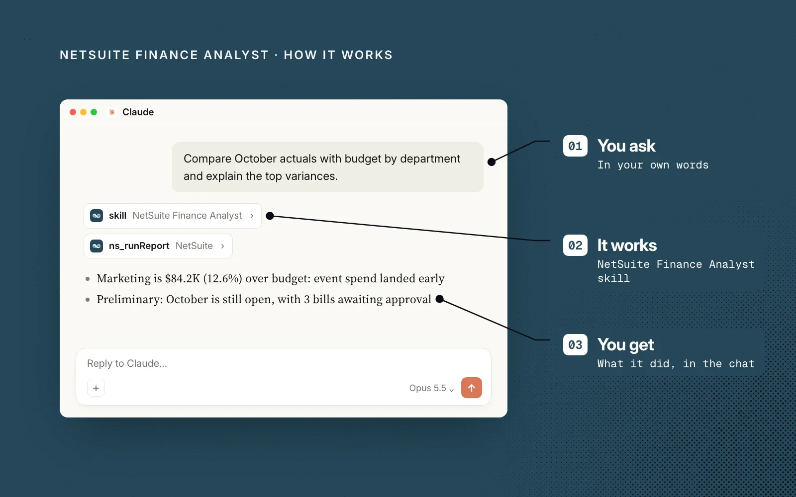 How it works, on an example chat: you ask in your own words, the NetSuite Finance Analyst skill does the analysis, and you get what it found in the chat.