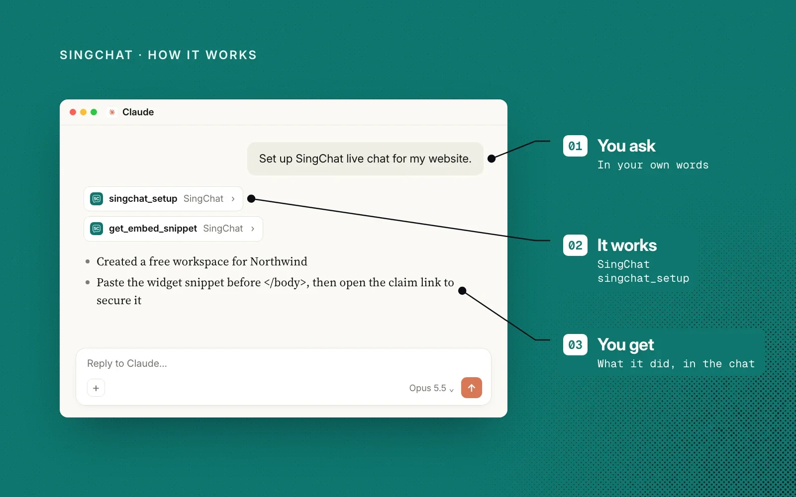 How it works, shown with an example in Claude: you ask in your own words, SingChat runs its setup and embed-code tools, and you get the result in the chat.