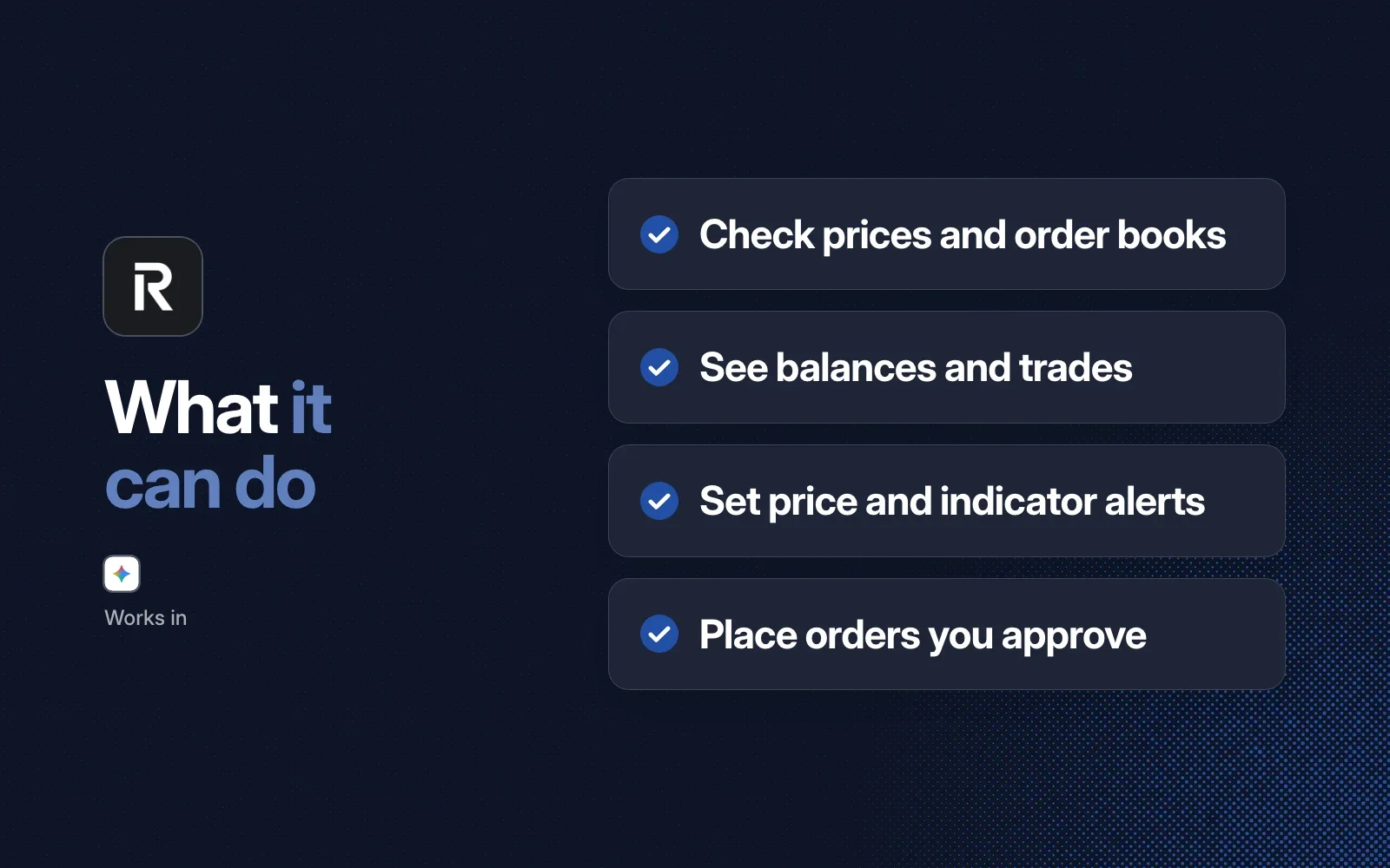 What it can do: check prices and order books, see balances and trades, set price and indicator alerts, and place orders you approve. Works in Gemini CLI.