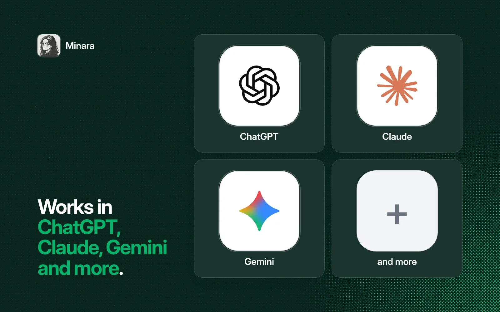 Works in ChatGPT, Claude, Gemini and more, shown as agent tiles beside the Minara icon on a dark background.