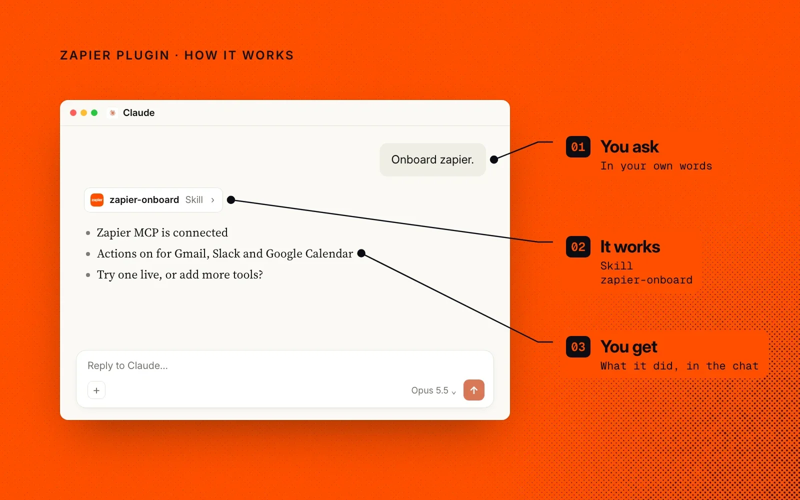 How it works, on an example chat: you ask in your own words, the zapier-onboard skill runs, and you get what it found in the chat.