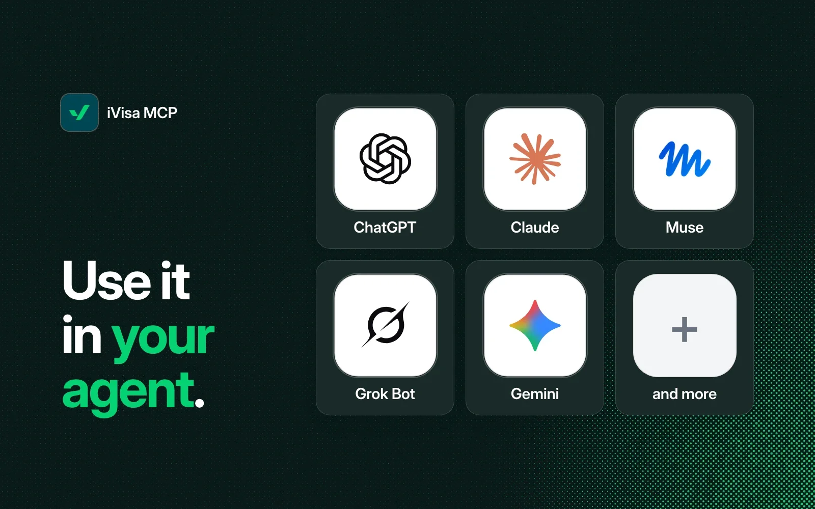 Use it in your agent: ChatGPT, Claude, Muse, Grok Bot, Gemini and more.