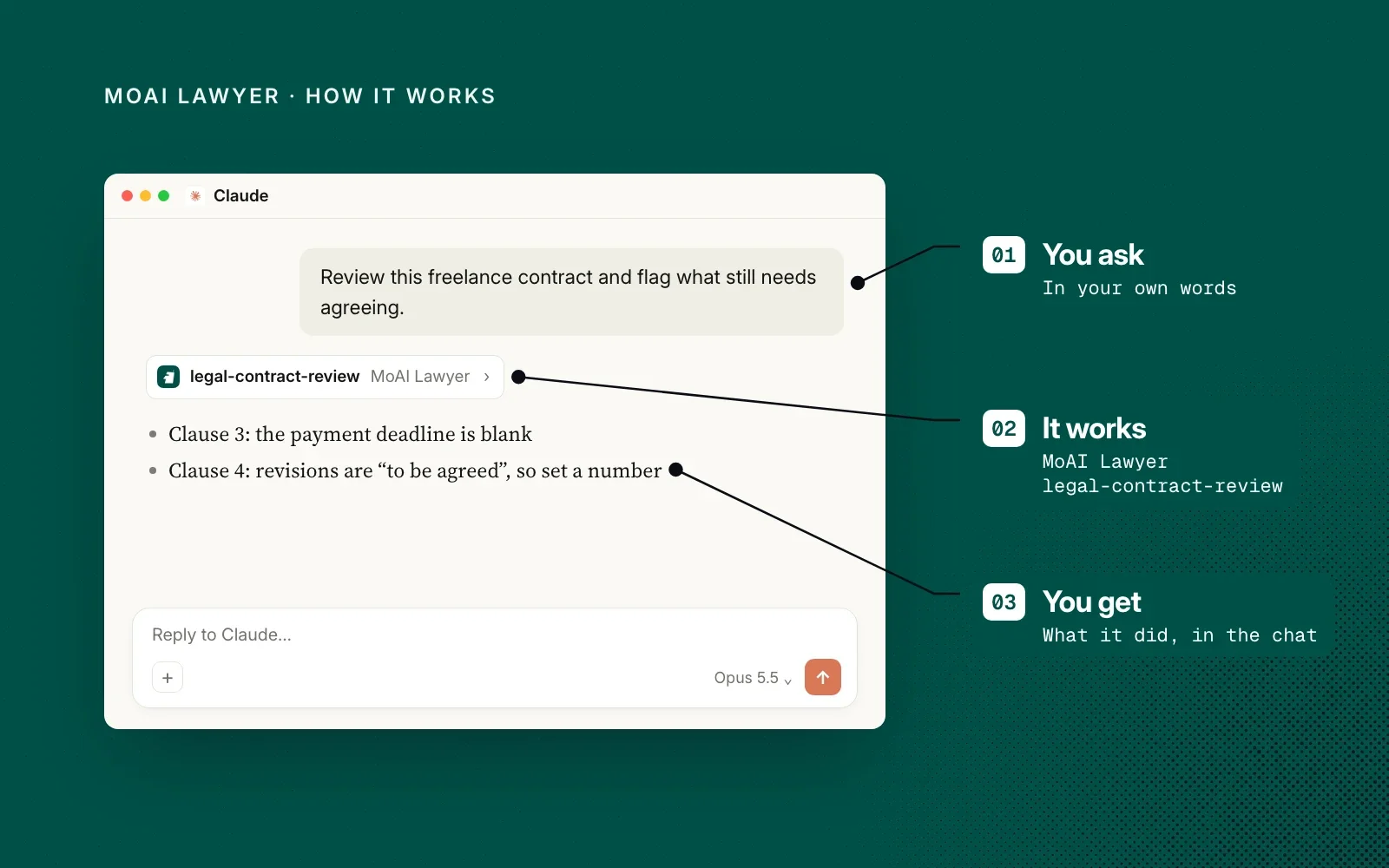 How it works, shown on an example chat: you ask in your own words, MoAI Lawyer's legal-contract-review skill runs, and you get the open issues in the chat.