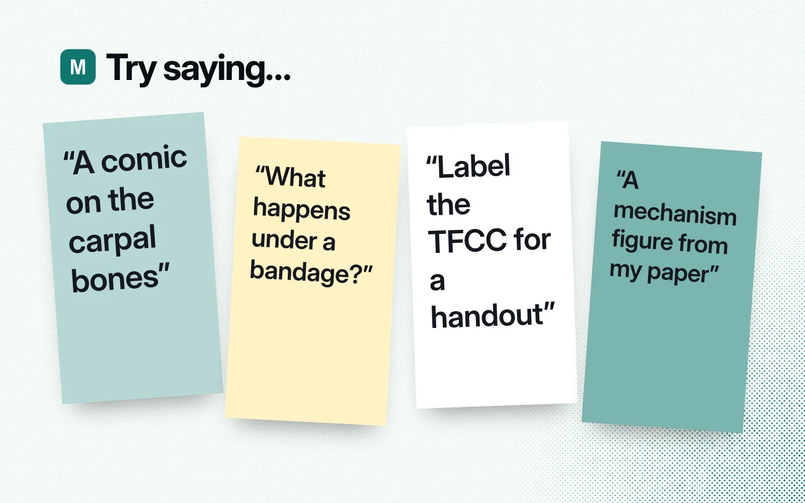 Try saying: sticky notes asking for a comic on the carpal bones, what happens under a bandage, a labeled TFCC handout and a mechanism figure from a paper.