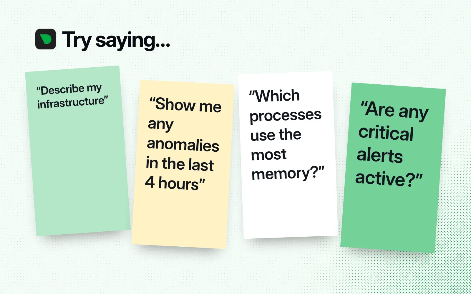Things to ask it, on sticky notes: describe my infrastructure, show anomalies in the last 4 hours, which processes use the most memory, are any critical alerts active.