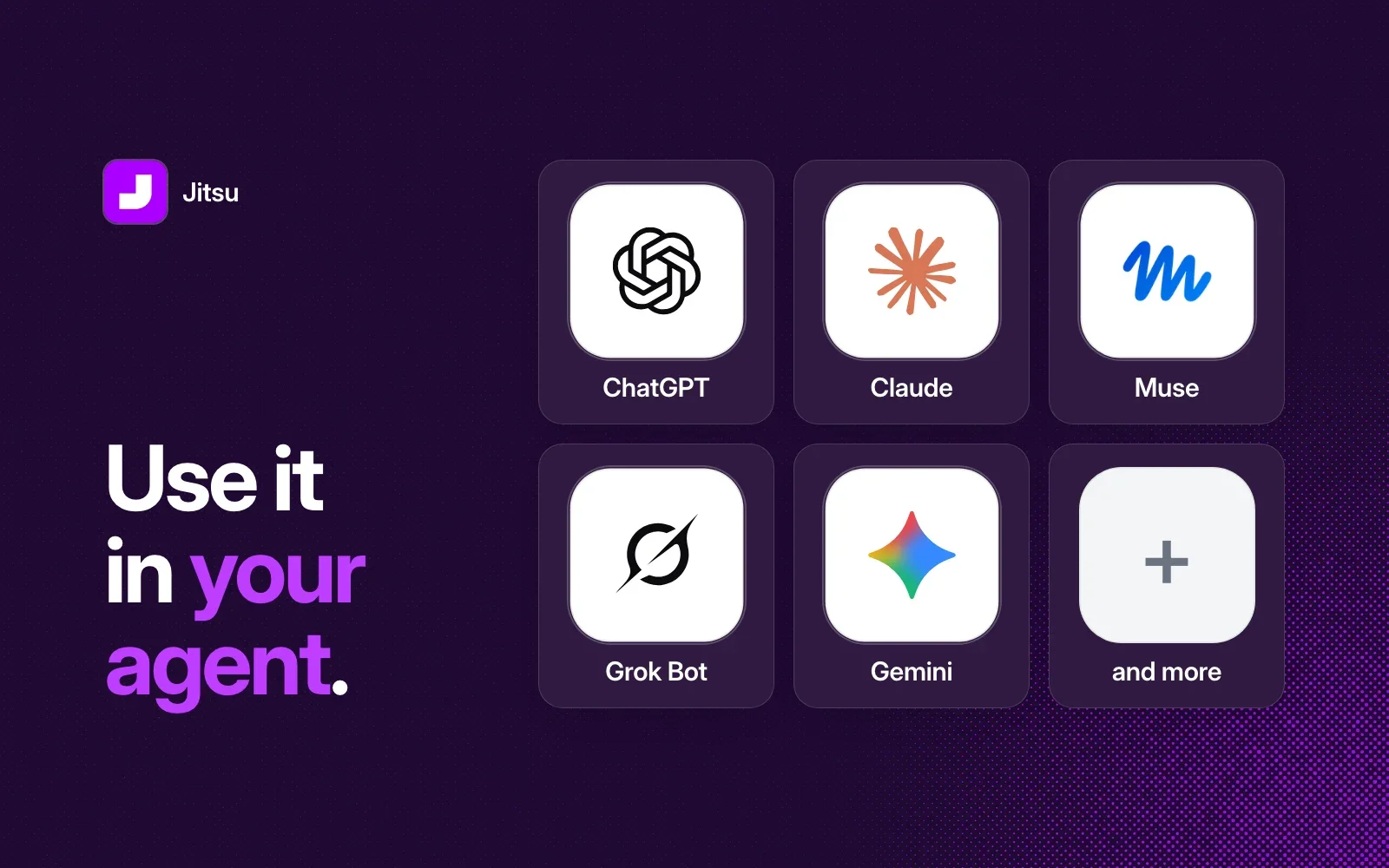 Use it in your agent: Jitsu works in ChatGPT, Claude, Muse, Grok Bot, Gemini and more.