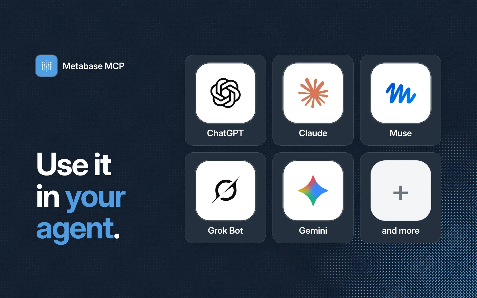 Use it in your agent: ChatGPT, Claude, Muse, Grok Bot, Gemini and more.