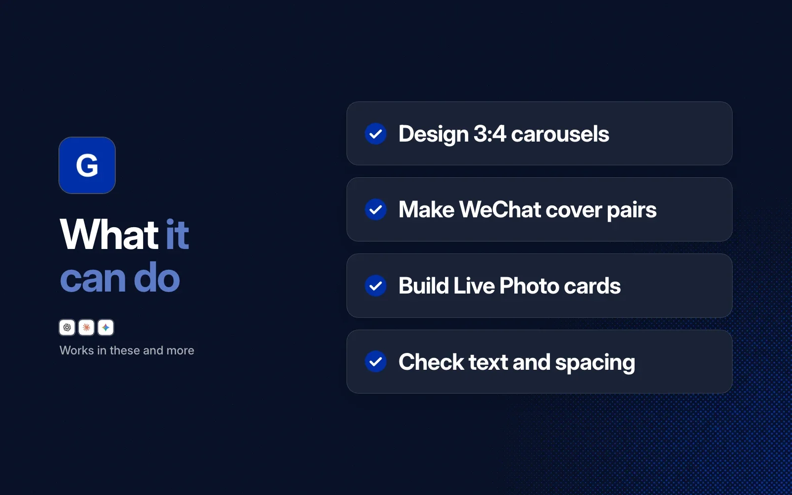 What it can do: design 3:4 carousels, make WeChat cover pairs, build Live Photo cards, check text and spacing.