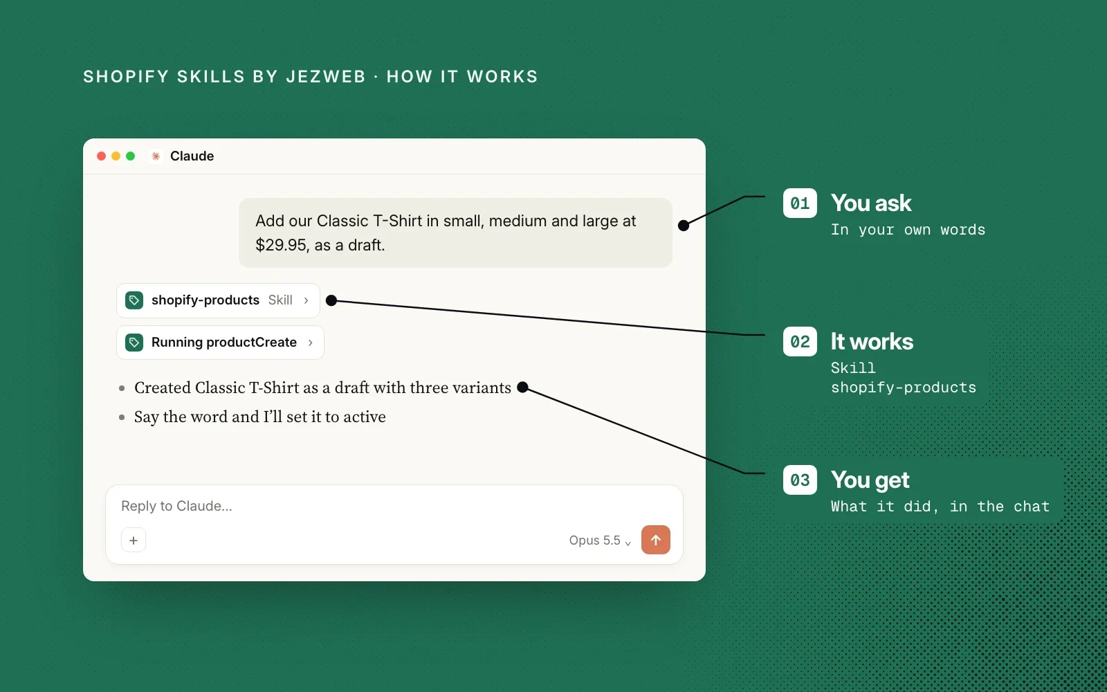 How it works: you ask in your own words, the shopify-products skill runs, and you get what it did in the chat.