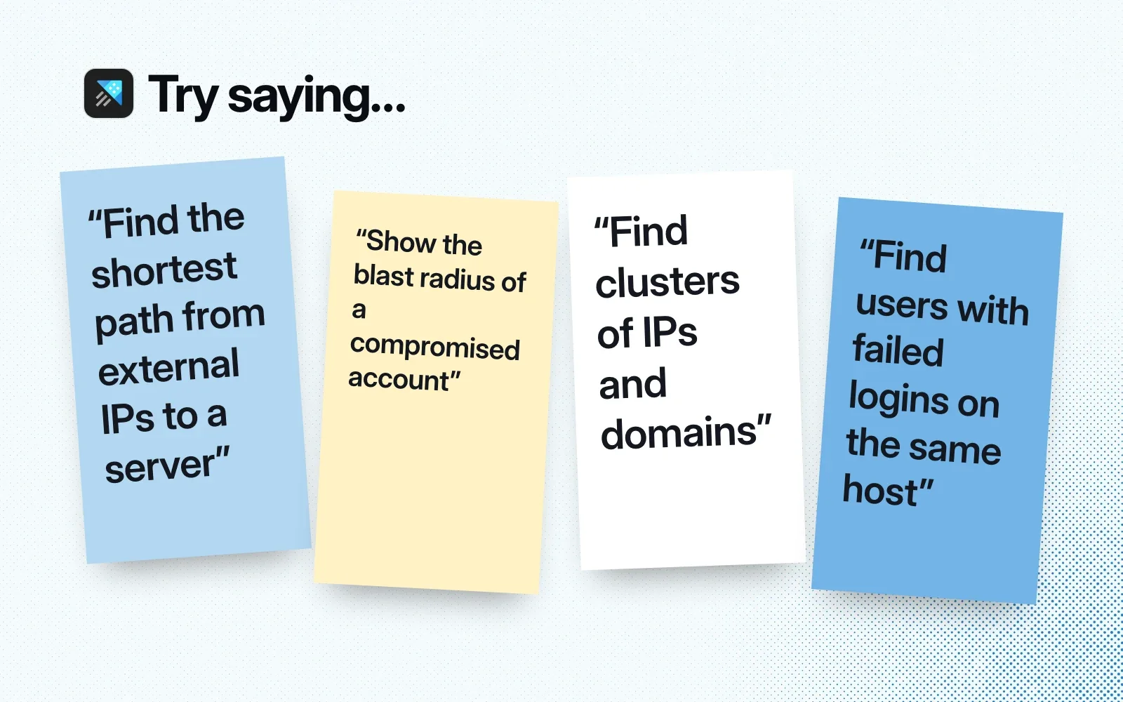 Things to ask it, on sticky notes: shortest paths from external IPs, the blast radius of a compromised account, IP and domain clusters, shared failed logins.