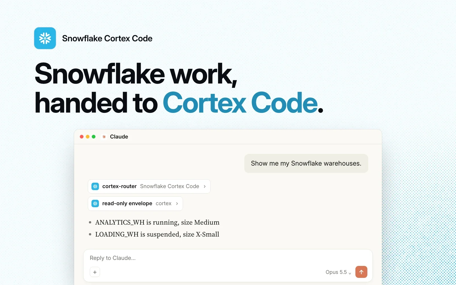 An example chat in Claude: asked to show the Snowflake warehouses, the plugin routes the request to Cortex Code read-only and lists each warehouse's state and size.