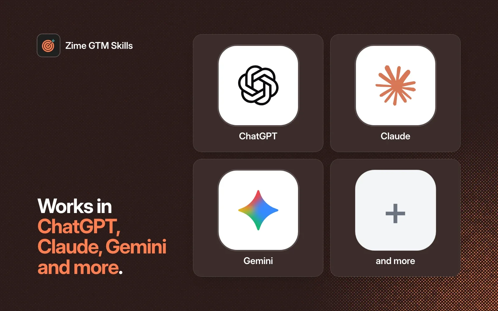 Zime GTM Skills works in ChatGPT, Claude, Gemini and more.