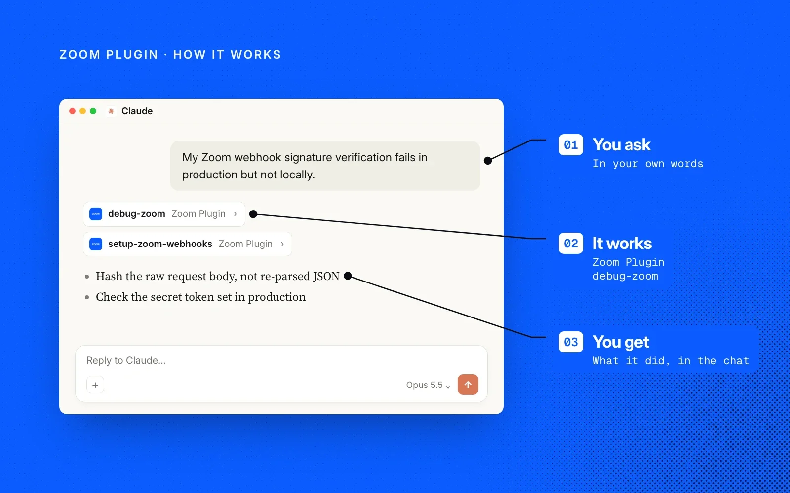 How it works, shown on an example chat: you ask in your own words, the Zoom Plugin runs its debug-zoom skill, and you get what it found in the chat.