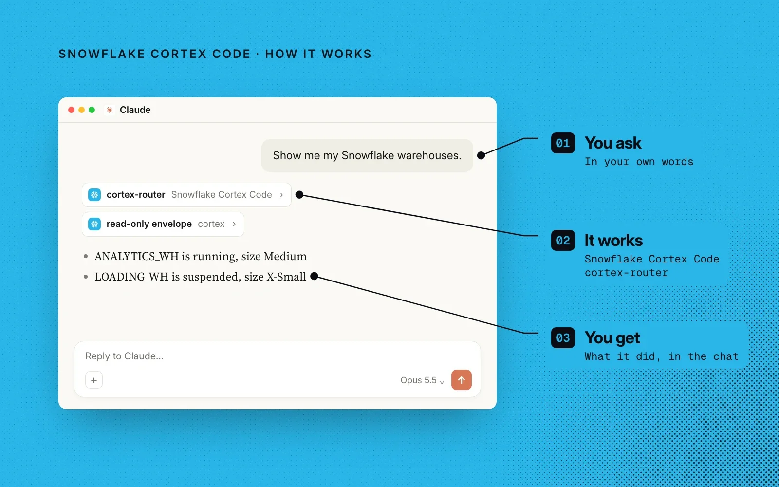 How it works, in an example: you ask in your own words, the cortex-router skill hands it to Cortex Code, and you see what it did in the chat.