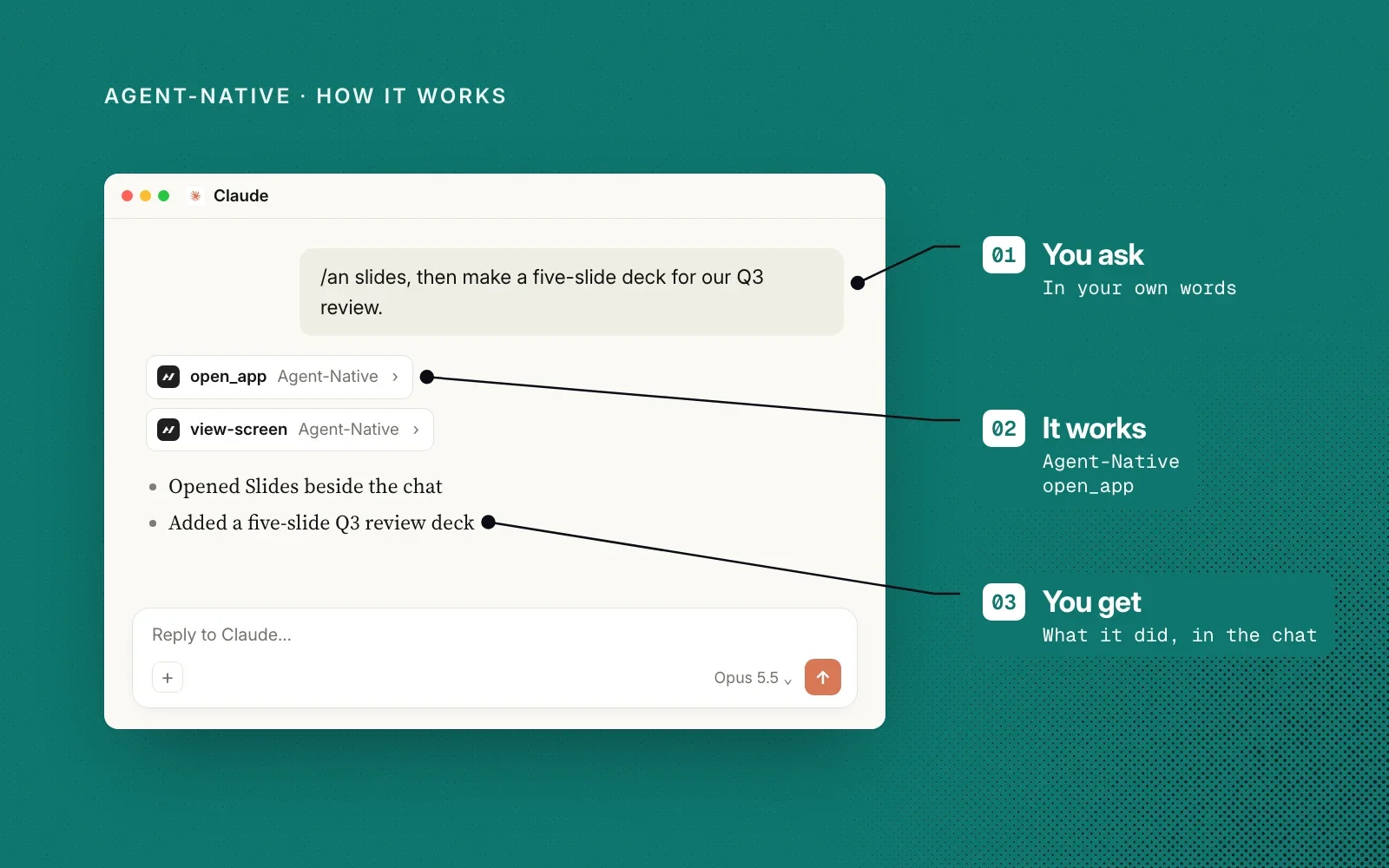 How it works, shown on an example chat in Claude: you ask in your own words, Agent-Native opens the app with open_app, and you get what it did in the chat.