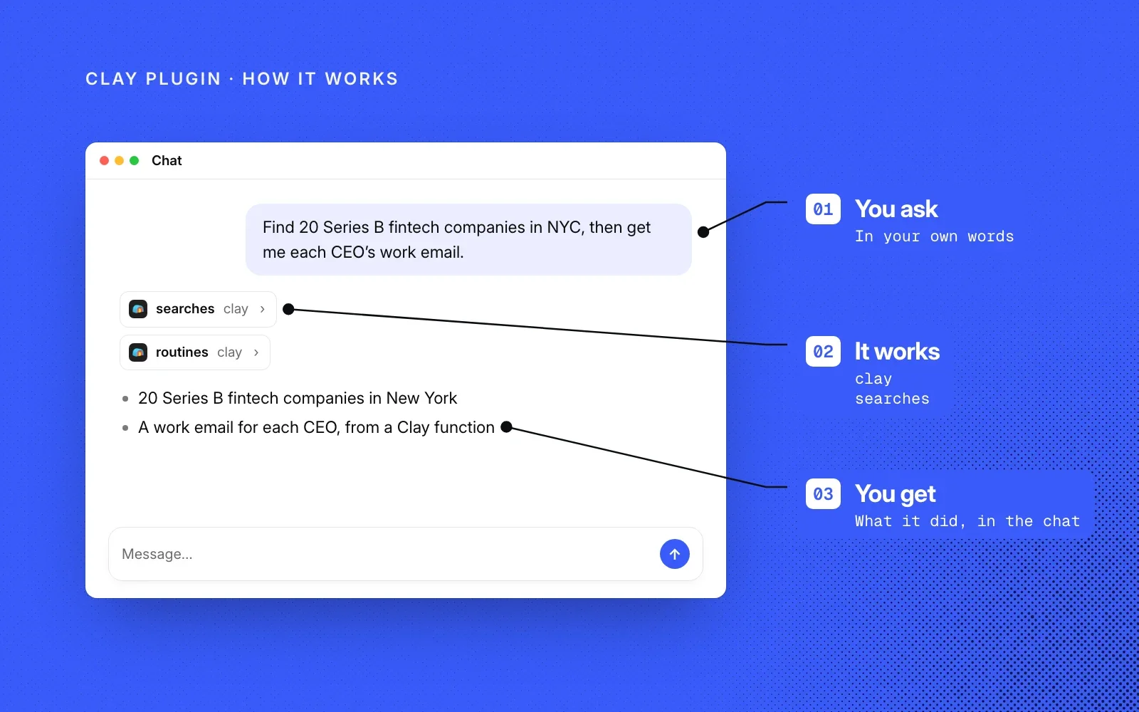How it works: you ask in your own words, the Clay plugin runs its searches skill, and you get what it did in the chat. An example.