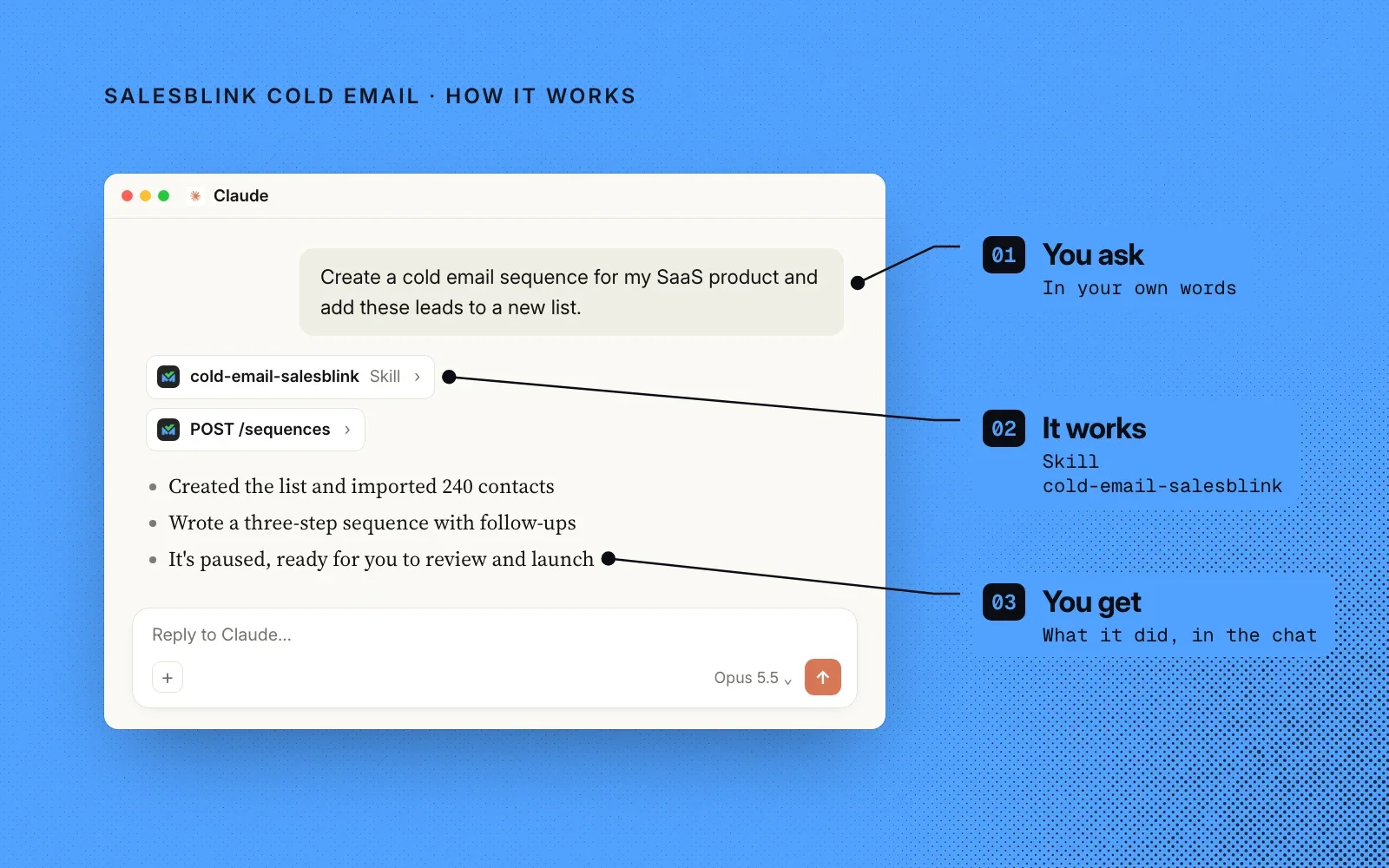 How it works, on SalesBlink blue: an example chat where you ask in your own words, the cold-email-salesblink skill does the work, and you get what it did in the chat.