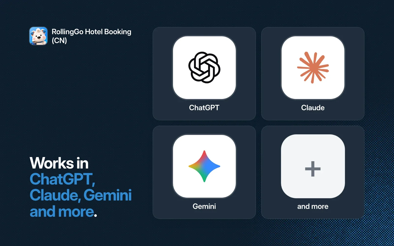 Where RollingGo Hotel Booking works: ChatGPT, Claude, Gemini and more