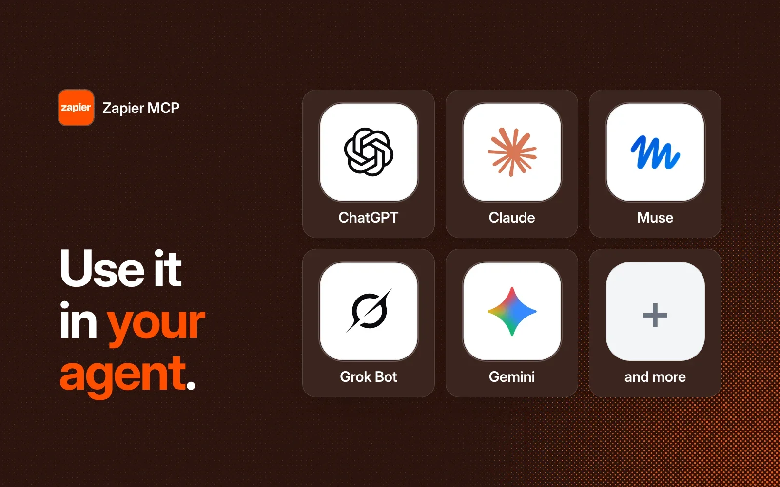 Use it in your agent: ChatGPT, Claude, Muse, Grok Bot, Gemini and more.