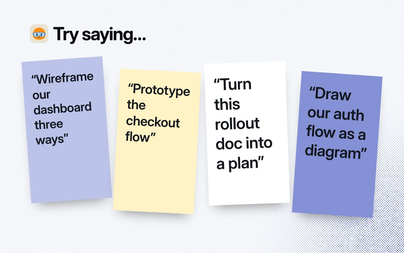 Things to ask it, on sticky notes: wireframe our dashboard three ways, prototype the checkout flow, turn this rollout doc into a plan, draw our auth flow as a diagram.