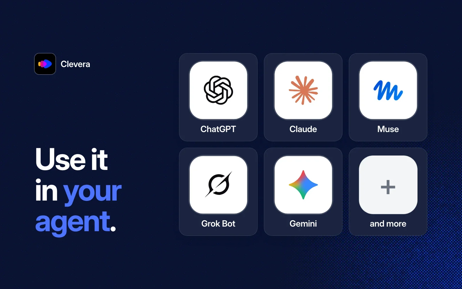 Use it in your agent: ChatGPT, Claude, Muse, Grok Bot, Gemini and more.