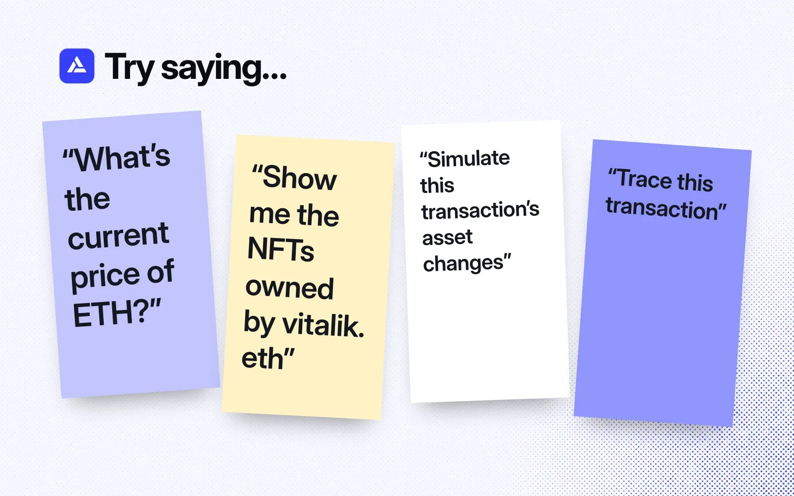Things to ask it, on sticky notes: the current price of ETH, the NFTs owned by vitalik.eth, simulate a transaction's asset changes, trace a transaction.