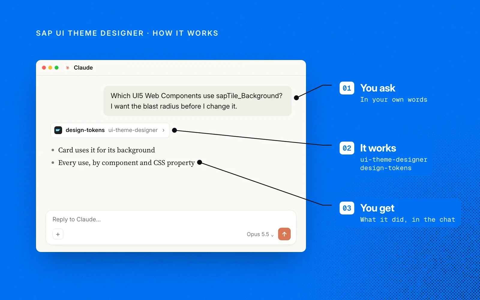 How it works, as an example: you ask about a theming parameter's blast radius, the plugin's design-tokens skill runs, and you get every use in the chat.