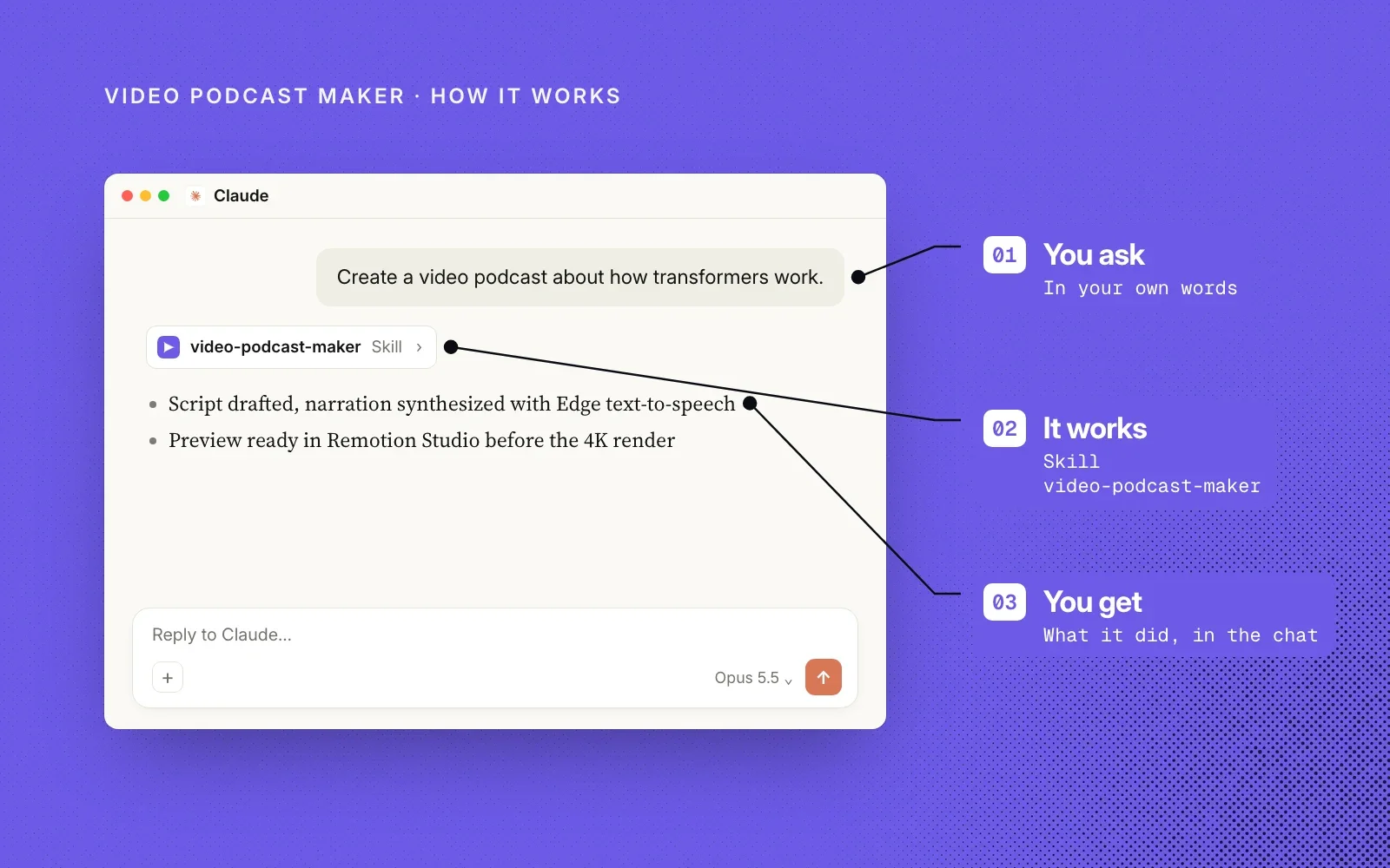 How it works, on an example chat: you ask in your own words, the video-podcast-maker skill runs the pipeline, and you get what it did in the chat.