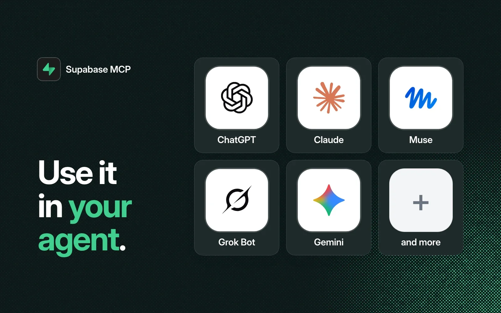 Use it in your agent: ChatGPT, Claude, Muse, Grok Bot, Gemini and more.