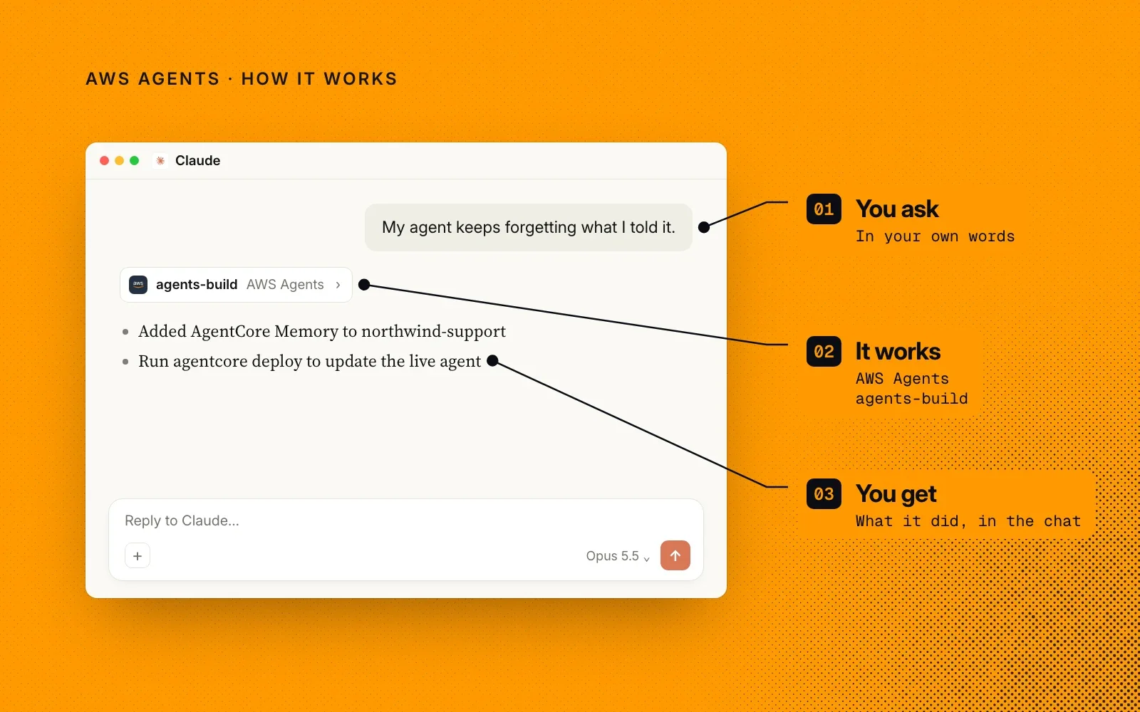 How it works: you ask in your own words, AWS Agents loads the matching skill, and you see what it did in the chat.