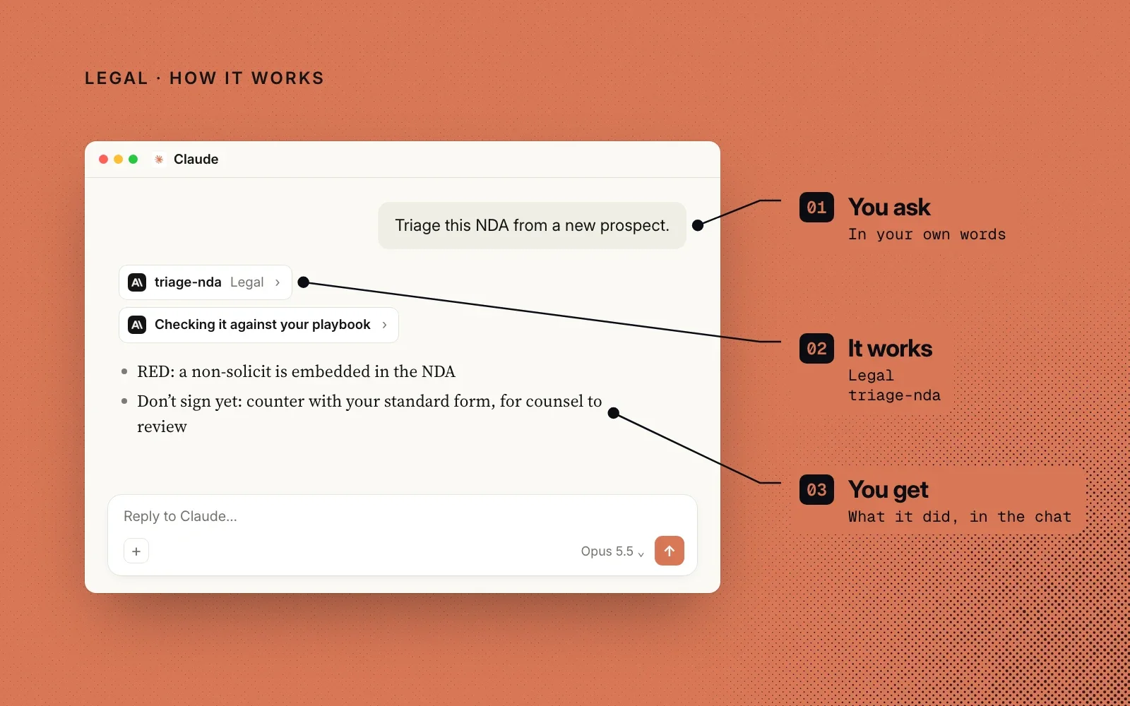 How it works, an example: you ask in your own words, the Legal plugin's triage-nda skill checks the NDA against your playbook, and you get the result in the chat.
