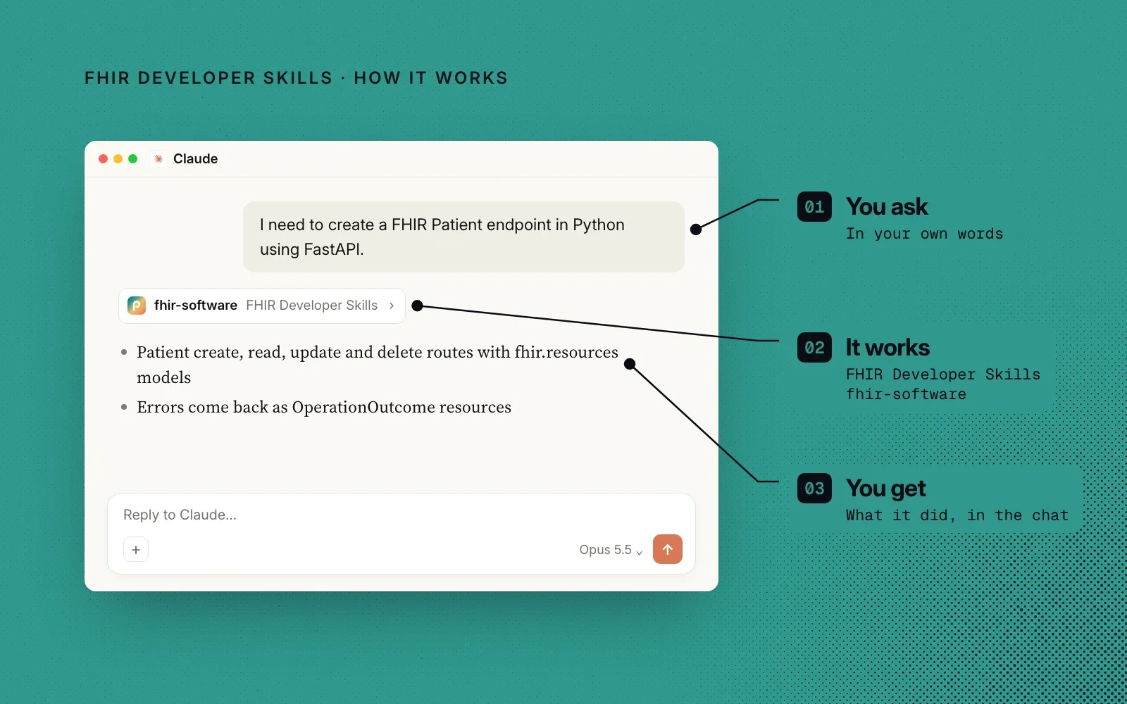 How it works, on the same example chat: you ask in your own words, the FHIR Developer Skills skill guides the work, and you get the result in the chat.