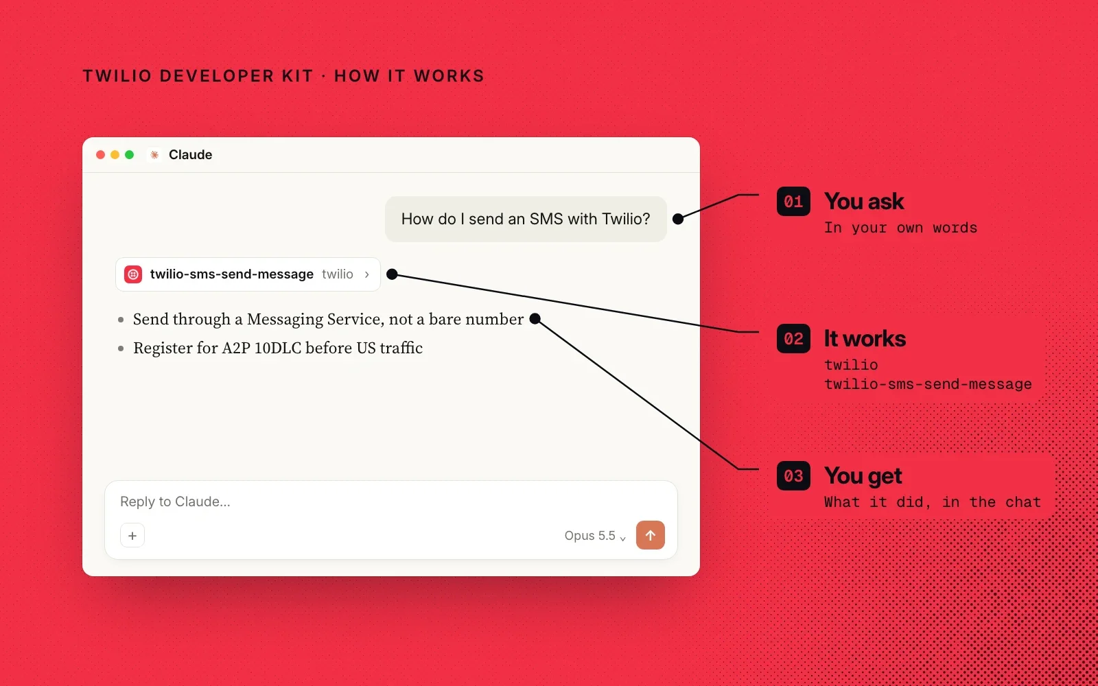 How it works, shown on an example chat in Claude: you ask in your own words, the Twilio Developer Kit loads the matching skill, and you get guidance in the chat.