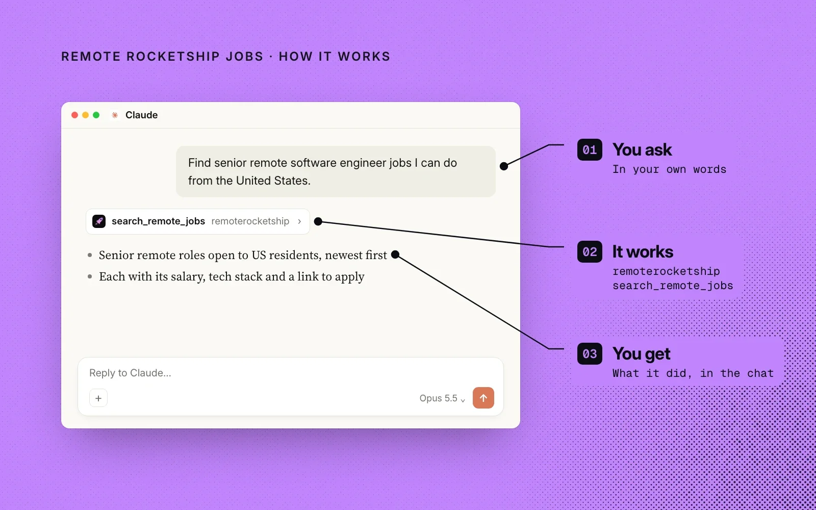How it works, in an example: you ask in your own words, it calls Remote Rocketship's search_remote_jobs tool, and you get the matching roles in the chat.