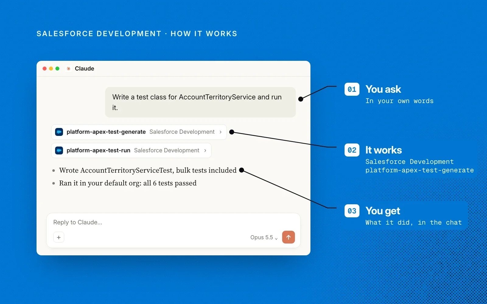 How it works: you ask in your own words, Salesforce Development loads its Apex test skills, and you get what it did in the chat.
