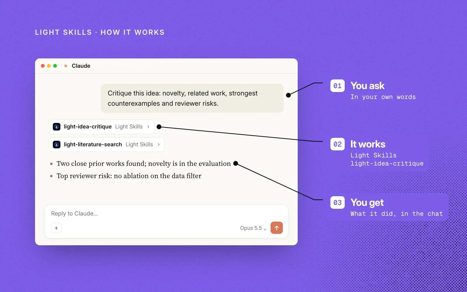 How it works: you ask in your own words, Light Skills runs its idea-critique skill, and you see the critique in the chat.