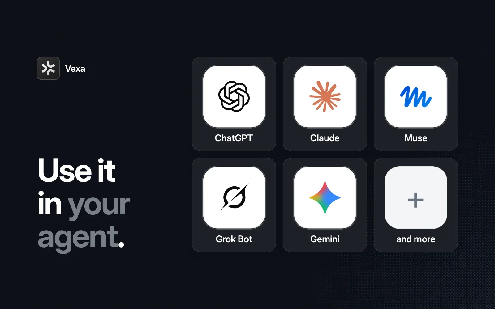 Use Vexa in your agent: ChatGPT, Claude, Muse, Grok Bot, Gemini and more.