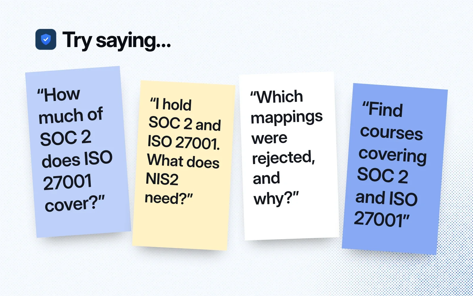 Things to ask it, on sticky notes: SOC 2 coverage from ISO 27001, what NIS2 still needs, which mappings were rejected, and courses covering SOC 2 and ISO 27001.