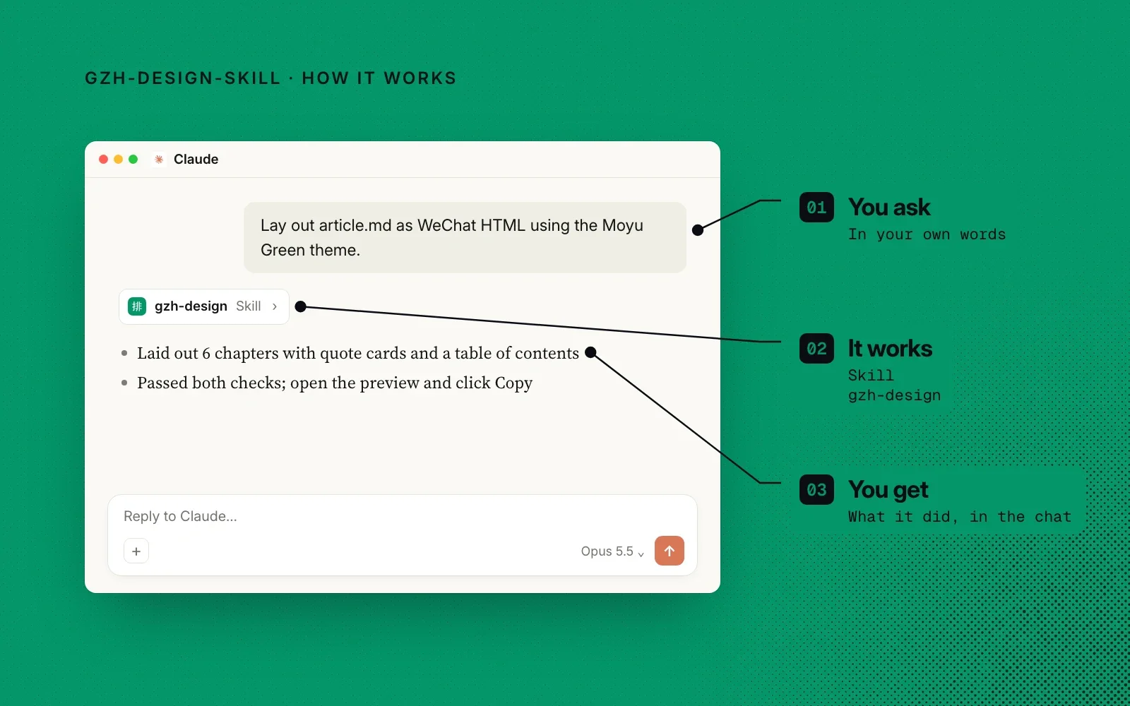 How it works, an example: you ask in your own words, the gzh-design skill runs, and you get the finished layout and preview in the chat.