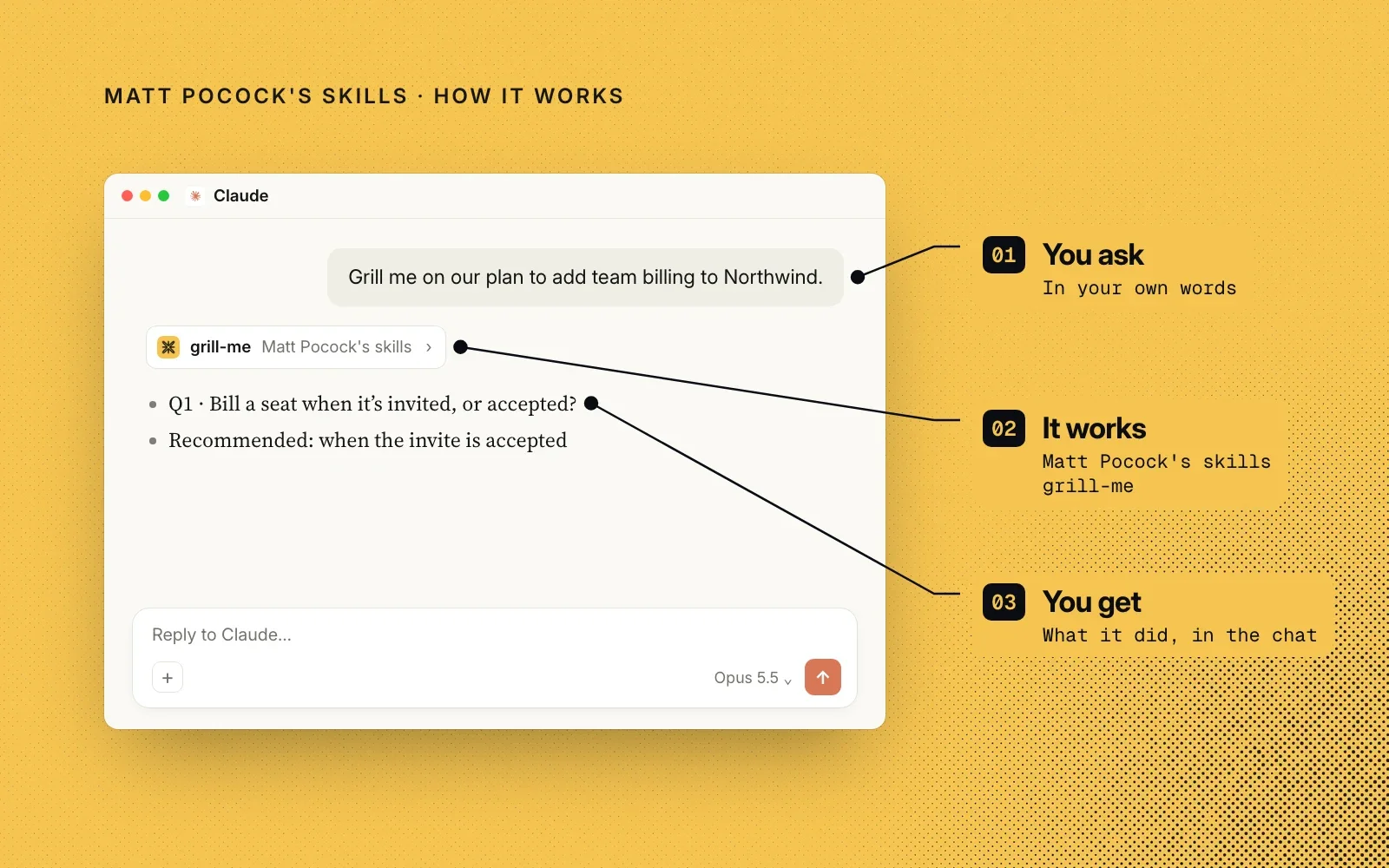 How it works: you ask in your own words, the grill-me skill from Matt Pocock's skills runs, and you get its questions in the chat. An example.