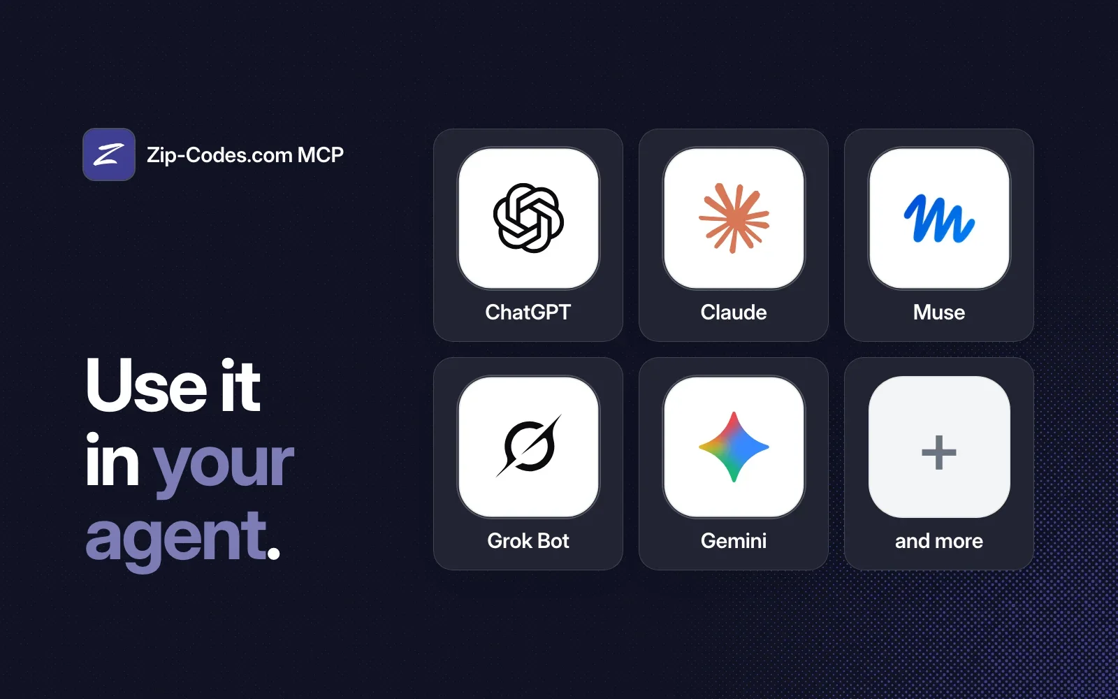 Use it in your agent: ChatGPT, Claude, Muse, Grok Bot, Gemini and more.