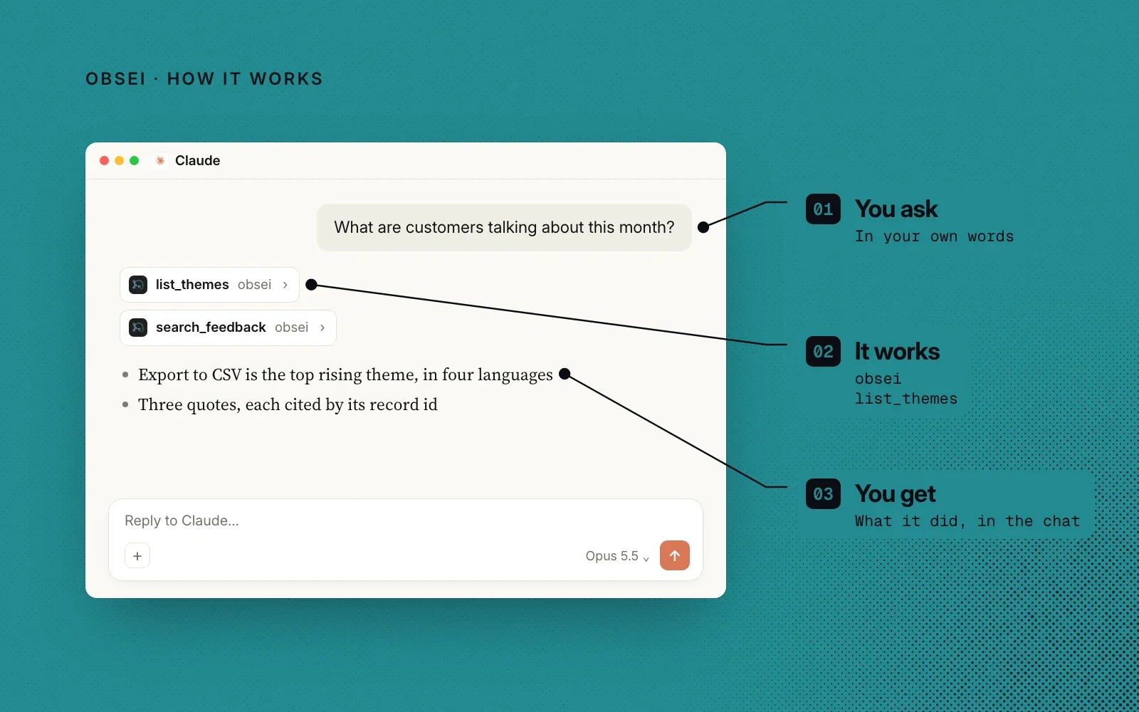 How it works, an example: you ask in your own words, obsei's list_themes tool does the work, and you get what it found in the chat.