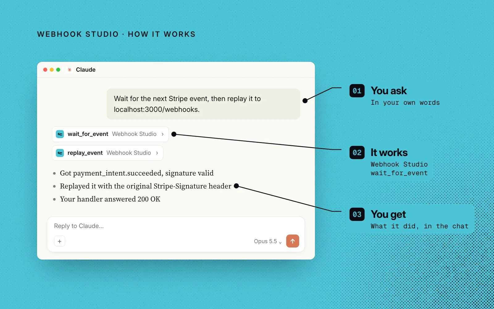 How it works, in an example: you ask in your own words, it calls Webhook Studio's wait and replay tools, and you see what it did in the chat.