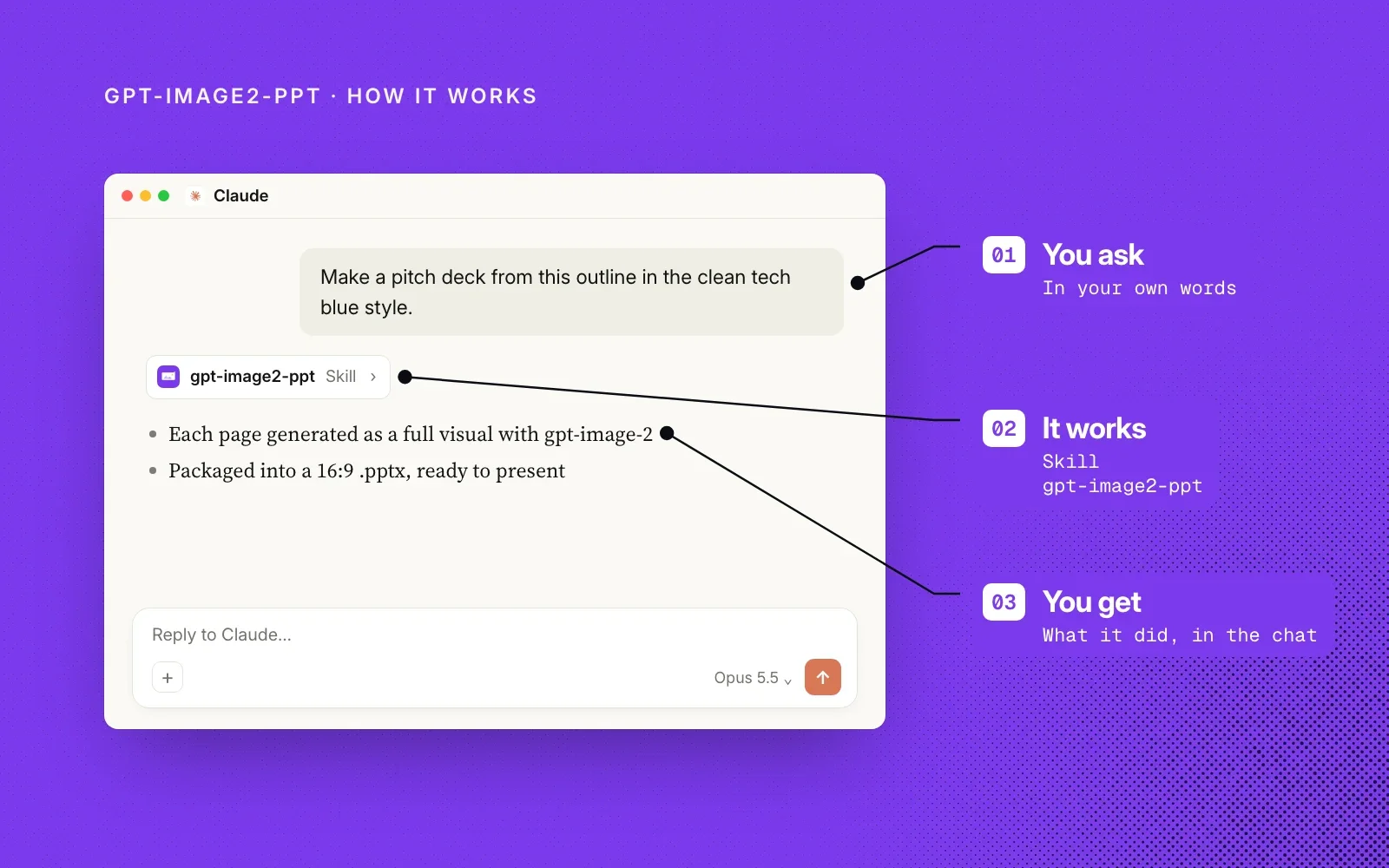 How it works, on an example chat: you ask in your own words, the gpt-image2-ppt skill runs, and you get what it did in the chat.