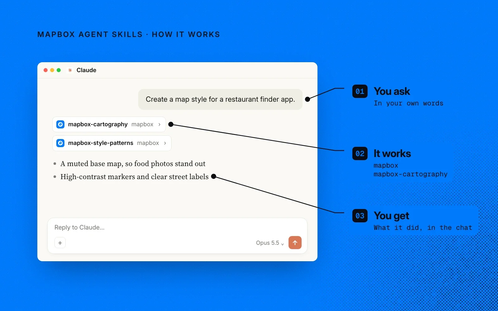 How it works: you ask in your own words, the plugin loads the matching Mapbox skill, and you get the answer in the chat. An example.