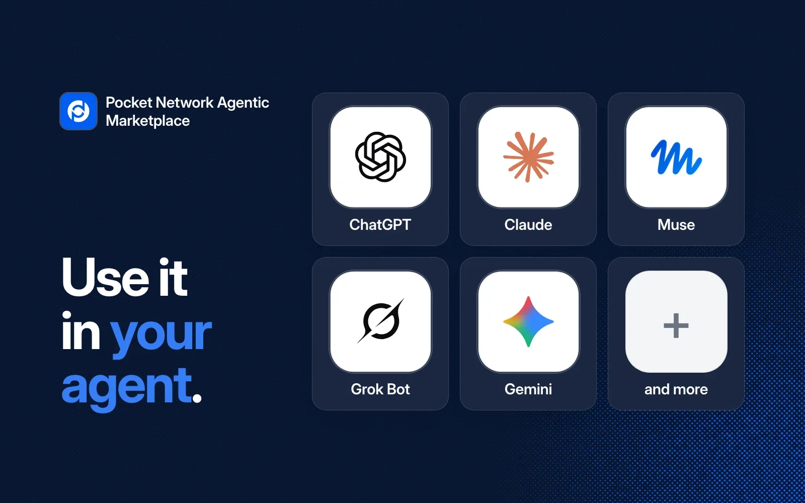 Pocket Network Agentic Marketplace works in ChatGPT, Claude, Muse, Grok Bot, Gemini and more.